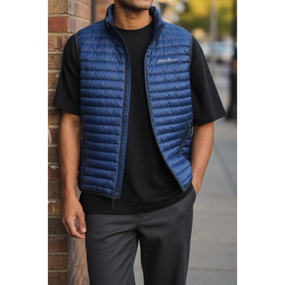Eddie Bauer Down Puffer Vest Full Zip Quilted EB700 Blue Men's Size Small - Picture 1 of 11